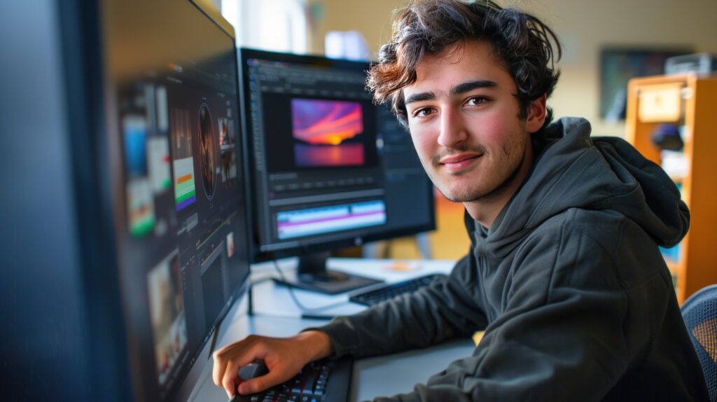 Junger Mann arbeitet an einem Computer mit Bildbearbeitungssoftware und mehreren Bildschirmen.