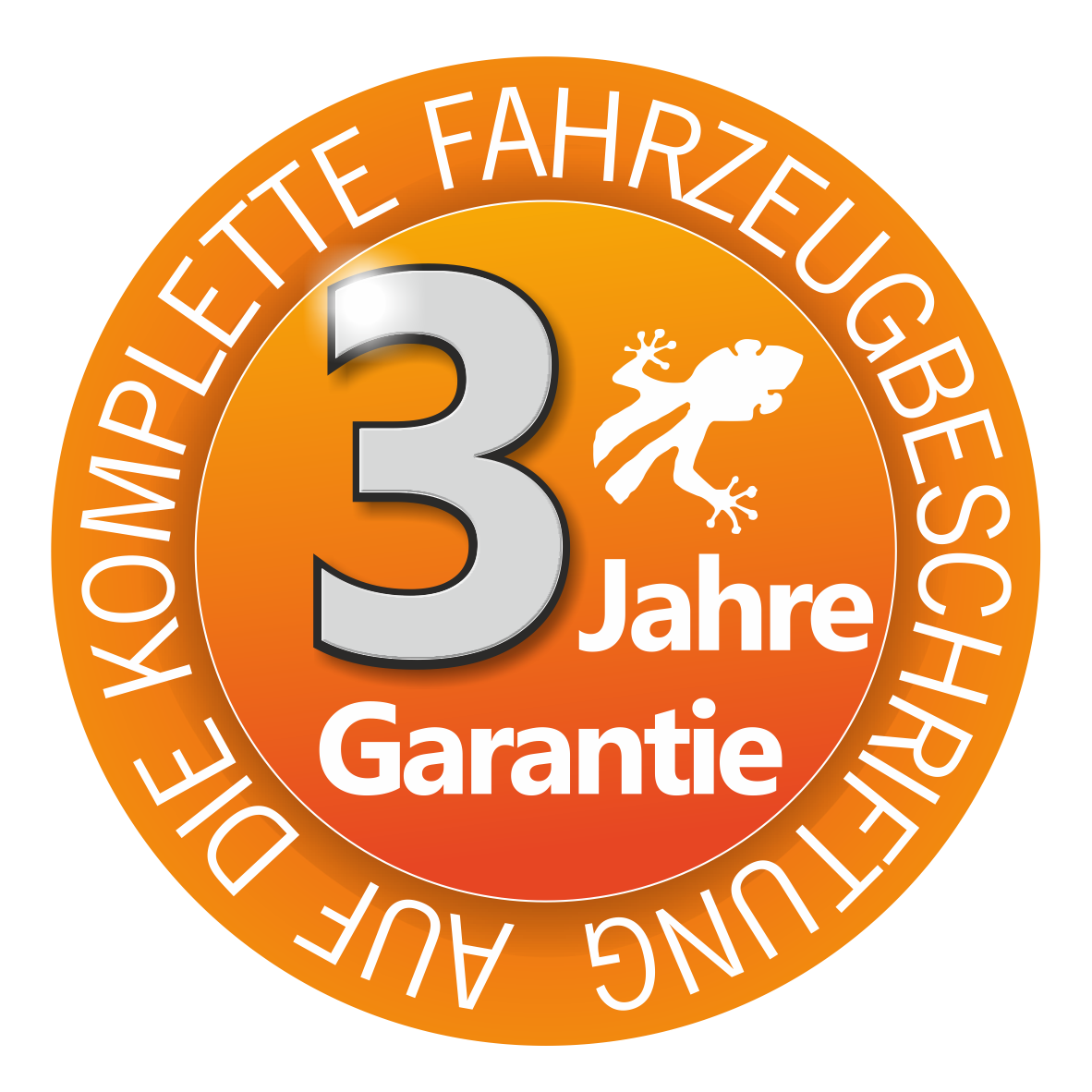 Rundes Siegel mit der Aufschrift '3 Jahre Garantie' und einem grafischen Element in Form eines Frosches.