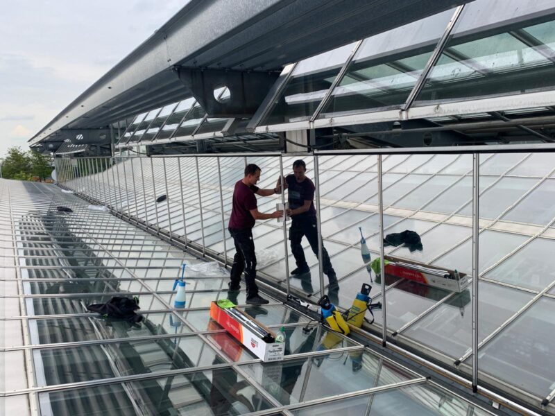 Zwei Arbeiter installieren Sonnenschutzfolierung auf einem Glasdach.