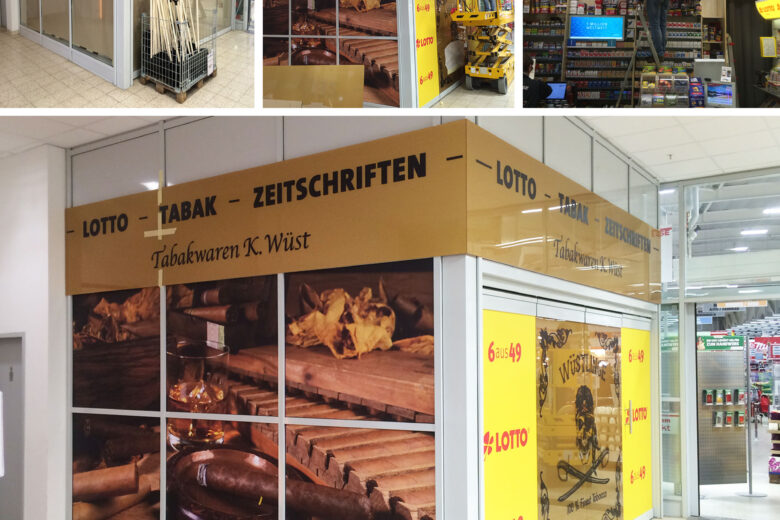 Verkaufsstand für Tabakwaren mit Lotto und Zeitschriften im Einzelhandel.