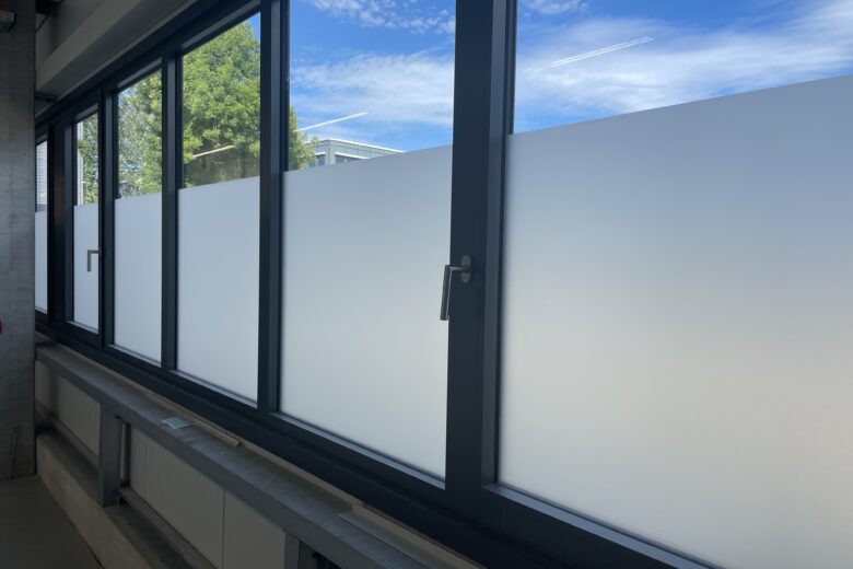 Moderne Fenster mit Milchglas-Elementen, die einen Teil des Sichtfeldes verdecken.