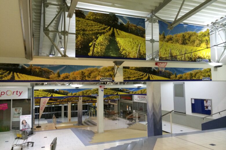 Wandgestaltung mit großflächigen Weinberg-Motiven in einer modernen Halle.